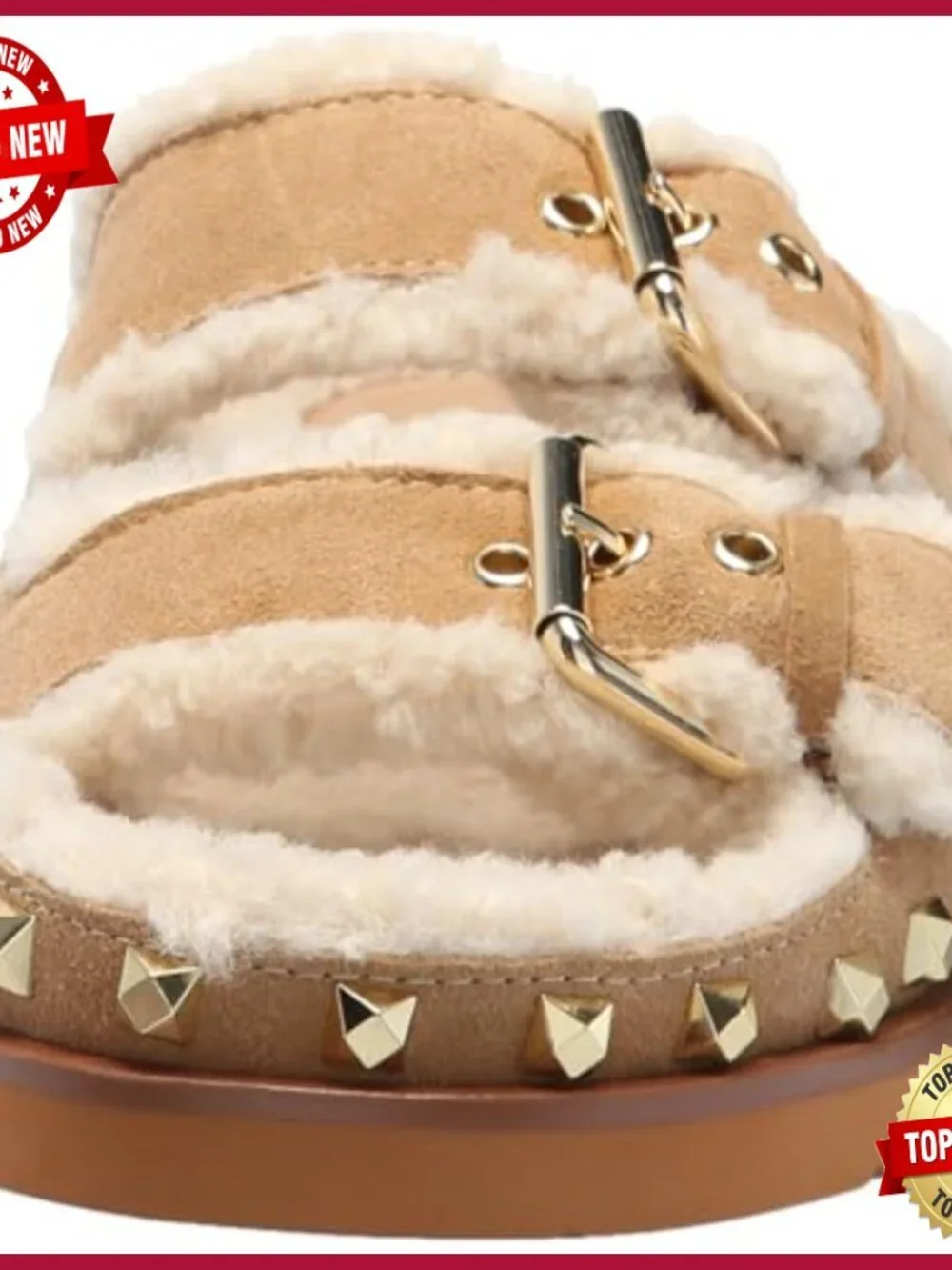 Suede Slide Sandals with Faux Fur Lining, Double Buckle, Studded Trim, Flat